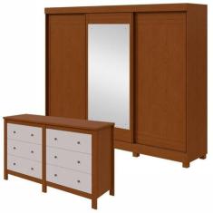 Conjunto de Guarda-roupa 3 Portas 4 Gavetas Nice com Espelho e com Pés