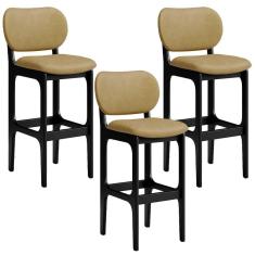 Kit 3 Banquetas Alta Bar Cozinha Sala Jantar Fixa Betta L02 Preto Couríssimo Casco Fendi - Lyam Decor