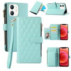 Capa carteira para iPhone 11, capa de couro para celular com 6 compartimentos para cartão e 1 compartimento para dinheiro e 1 bolsa com zíper, fivela magnética à prova de choque com corda de mão e