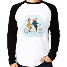 Camiseta Raglan Casal  Bicicleta Manga Longa - Foca na Moda, Branco, P