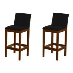 Kit 2 Banquetas Alta Luxo Pérola Com Encosto Estofada Em Veludo Preto Madeira Maciça Imbuia