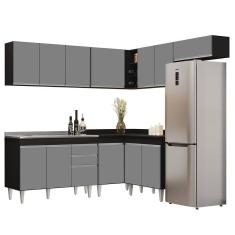 Armário De Cozinha Modulado De Canto 7 Peças Cp21 Com Pia Inox Preto/cinza - Lumil