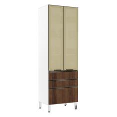 Paneleiro Torre 70cm 2 Portas com Vidro Reflecta Bronze 2 Gavetas 1 Gavetão Pérola Luciane Móveis