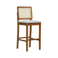 Banqueta Alta Bistrô Lyon Madeira Maciça Telinha Natural - Amêndoa - Assento Estofado Corano Bege