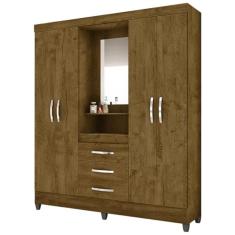 Guarda Roupa Casal Capri 4 Portas Bater 3 Gavetas MDP com Espelho Castanho Wood Moval Móveis