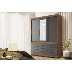 Guarda Roupa Casal Click 3.9 3 Portas de Correr 9 Gavetas MDF com Espelho Jatoba-Grafitte Santos Andirá