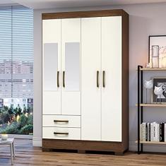 Guarda Roupas Solteiro Com 4 Portas 2 Gavetas Com Espelho BE12 Castanho/Off White - Briz Móveis
