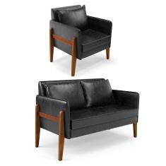 Kit 1 Sofá Namoradeira E 1 Poltrona Lana Corano Base De Madeira - D'Rossi Preto