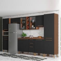 Armário De Cozinha Completa Vidro Reflecta Com Adega 11 Portas 4 Gavetas Favorita Preto /Nature