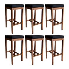 Kit 6 Banquetas Alta Bali Estofada Moderna 74 Cm Madeira Maciça Suede Preto CCS