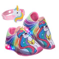 Tenis Calçado Infantil Led Luz Meninas Unicórnio Rosa Pisou Piscou Pemania-Feminino