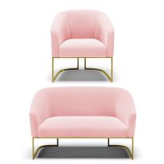 Namoradeira E Poltrona Base Industrial Dourado Stella Suede D03 - D`rossi Cor Rosa Bebê