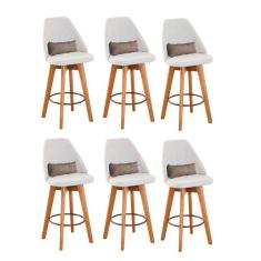 Kit 06 Banquetas Alta Maya Giratória Com Encosto Linho Bege Claro e Almofada Corino Bege - Aurora Line