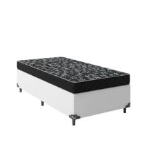 Cama Box Solteiro 88 Tecido Sintético Branco com Colchão Espuma  D20 - Tampo Preto 12cm