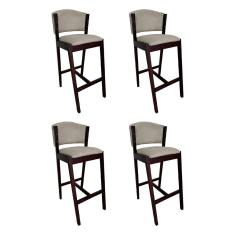 Kit 4 Banquetas Alta de Madeira Maciça Castanho Premium Ana com Encosto Linho Bege