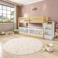 Beliche Infantil Montessoriana Garden com Escada Lateral Kit Travessa Proteção e Grade Rn Casatema Branco/Natural