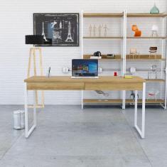 Mesa para Escritório 150cm 2 Gavetas Kuadra Lâmina Mel / Est.Branca