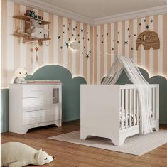 Quarto de Bebê Cômoda 1 Porta com Janela e Berço Minicama 100% Mdf Liam Espresso Móveis Branco Brilho