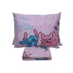 Jogo De Lençol Elástico Stitch Casal Rosa Disney Malha Algodão 3 Peças Infantil