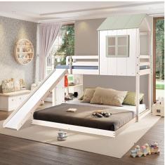 Beliche Queen Montessoriano Cabana Family Com Escorregador E Estante Casatema Branco-verde