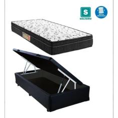 Cama Box Baú Solteiro Resistence Suede Preto + Colchão Solteiro Resistence Espuma D33 Com EPS 20x88x188