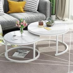 Mesa de centro empilhável com estrutura de metal redonda branca - Mesas de aninhamento elegantes com tampo de vidro com efeito de mármore para escritório doméstico ou sala de estar - Tamanho