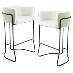 Kit 2 Banquetas Decorativas Base Aço Preto Betina B-309 Veludo Bege Fosco - Domi