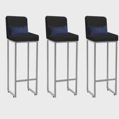 Kit 03 Banqueta Alta com Encosto Lucca Industrial Cozinha Balcão Ferro Cinza Sintético Preto e Almofada Azul Marinho - Ahazzo Móveis