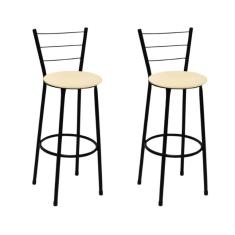 Kit 2 Banquetas Altas Preta com Encosto Assento Bege