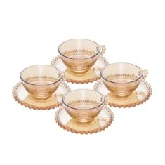 WOLFF Conjunto de Xícaras e Pires de Cristal Pearl 180ml 4 Peças Âmbar - Mesa Posta - Itens Para Casa - Utensílios de Cozinha - Enxoval - Casamento - Decoração