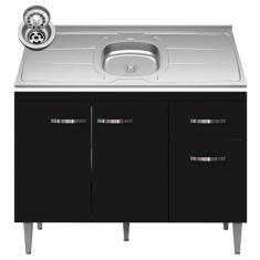 Balcão Gabinete Com Pia Inox 120cm 3 Portas e 1 Gaveta Gabriela Preto 