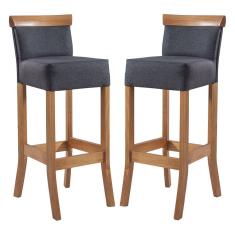 Kit 2 Banquetas Alta com Encosto Estofado Diamantina em Madeira Maciça Mel Linho Cinza L67 RMI