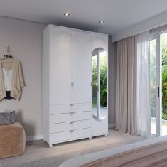 Guarda-roupa Solteiro Com Espelho 3 Portas 4 Gavetas 100% Mdf Look 136,9 Cm Branco Fosco