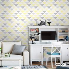 Papel de Parede Lavável Triângulos Cinzas e Amarelos 12m