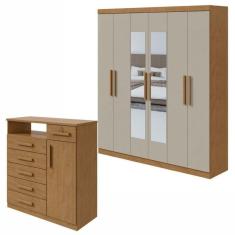 Conjunto de Guarda-Roupa 6 Portas com Espelho Jazz e Cômoda Da Vinci Amêndoa Clean/Off White
