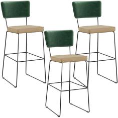 Kit 03 Banquetas Altas Facto Verde Musgo Linho Bege Escuro