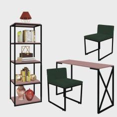 Kit Escritório Bex 2 Cadeiras Suede Verde com 1 Mesa e 1 Livreiro Ferro Preto mdf Rose Rosa - Ahazzo Móveis