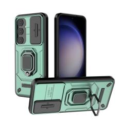 SORAKA Capa para Samsung Galaxy S24 com suporte para anel e tampa deslizante para câmera Capa Samsung Galaxy S24 com placa de metal para suporte magnético para carro Capa de camada dupla em PC e TPU