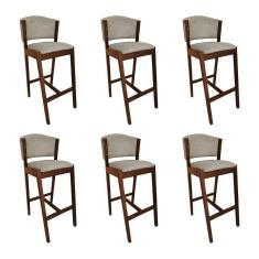 Kit 6 Banquetas Alta De Madeira Maciça Mel Premium Ana Com Encosto Linho Bege - Cor: Bege