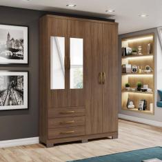 Guarda-roupa Solteiro 4 Portas 3 Gavetas com Espelho Caju Castanho HP