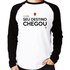 Camiseta Raglan Seu destino chegou Manga Longa - Foca na Moda, Branco,