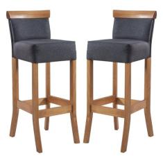 Kit 2 Banquetas Alta em Madeira Diamantina Estofada Linho Cinza L67 RM