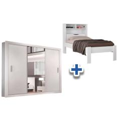 Cama Solteiro Invicta + Pérola Polar + Guarda Roupa Veneza Luxo Branco