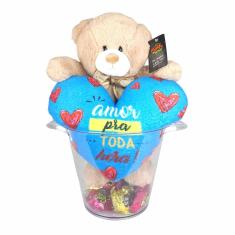 Kit urso pelúcia balde gelo almofada coração Amor toda hora