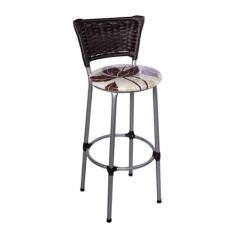 Banqueta Alta Prata com Encosto Junco Argila Assento Floral Marrom - F