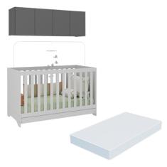 Berço 3 em 1 com Colchão e Armário Aéreo 4 portas Multimóveis Mp4158 Branco/grafite