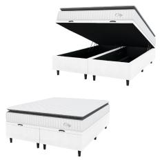 Cama Box Baú Colchão Casal King Molas Ensacadas City Pillow Top 193x203x64cm Linho Branco / Cinza Hellen
