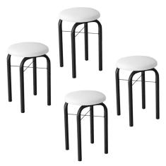 Kit 4 Banquetas Baixa Para Cozinha Manu Assento Estofado Couro Sintético Aço Sem Encosto Preto Branco Mpozenato