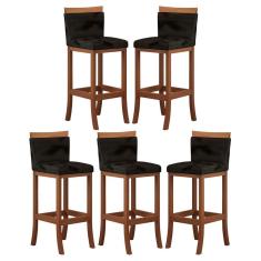Kit 5 Banquetas Média Encosto Estofado 38x92 Cm Paris Madeira Maciça Castanho Suede Preto CCS