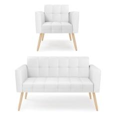Kit 1 Sofá Namoradeira E 1 Poltrona Elisa Corino Pés Palito Natural - D`rossi Cor Branco